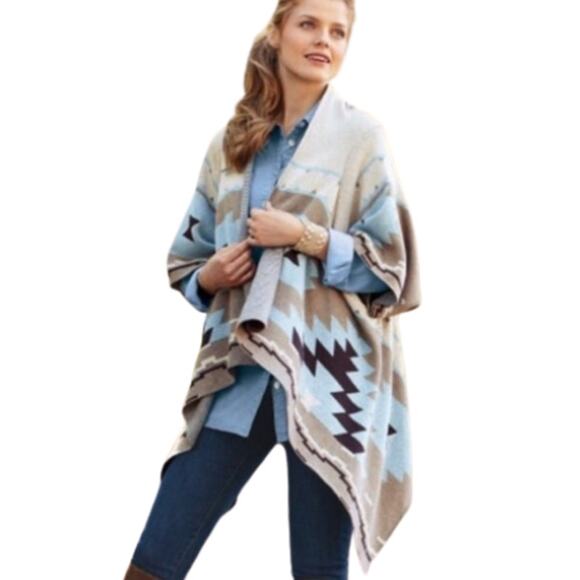 Soft Surroundings Southwest Aztec Open Front Wrap Cardigan Blue & Tan - Picture 1 of 6